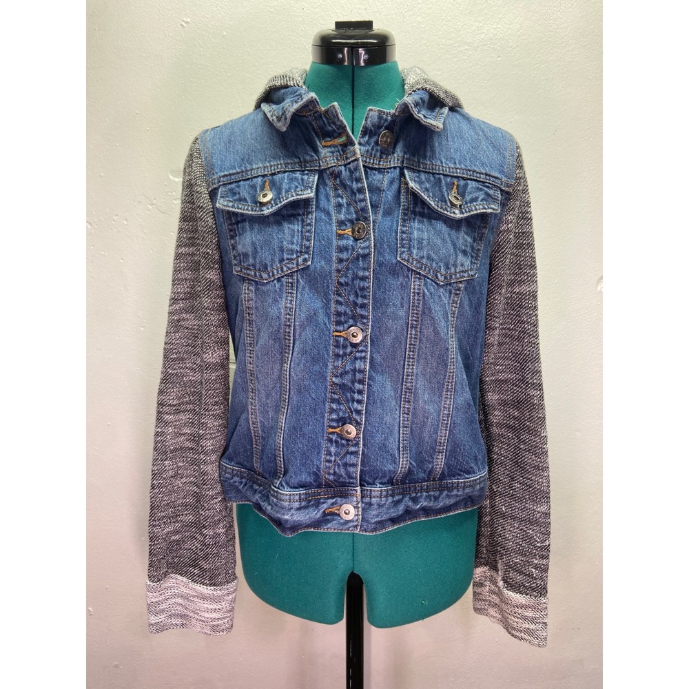 Vintage Y2K Mudd Denim Hooded Jacket Size L Mixed Media Knit Hoodie Grunge Indie